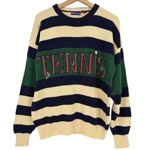 Vintage Hathaway 90s Striped Tennis Pullover‎ Sweater Sz M Cotton Embroidered